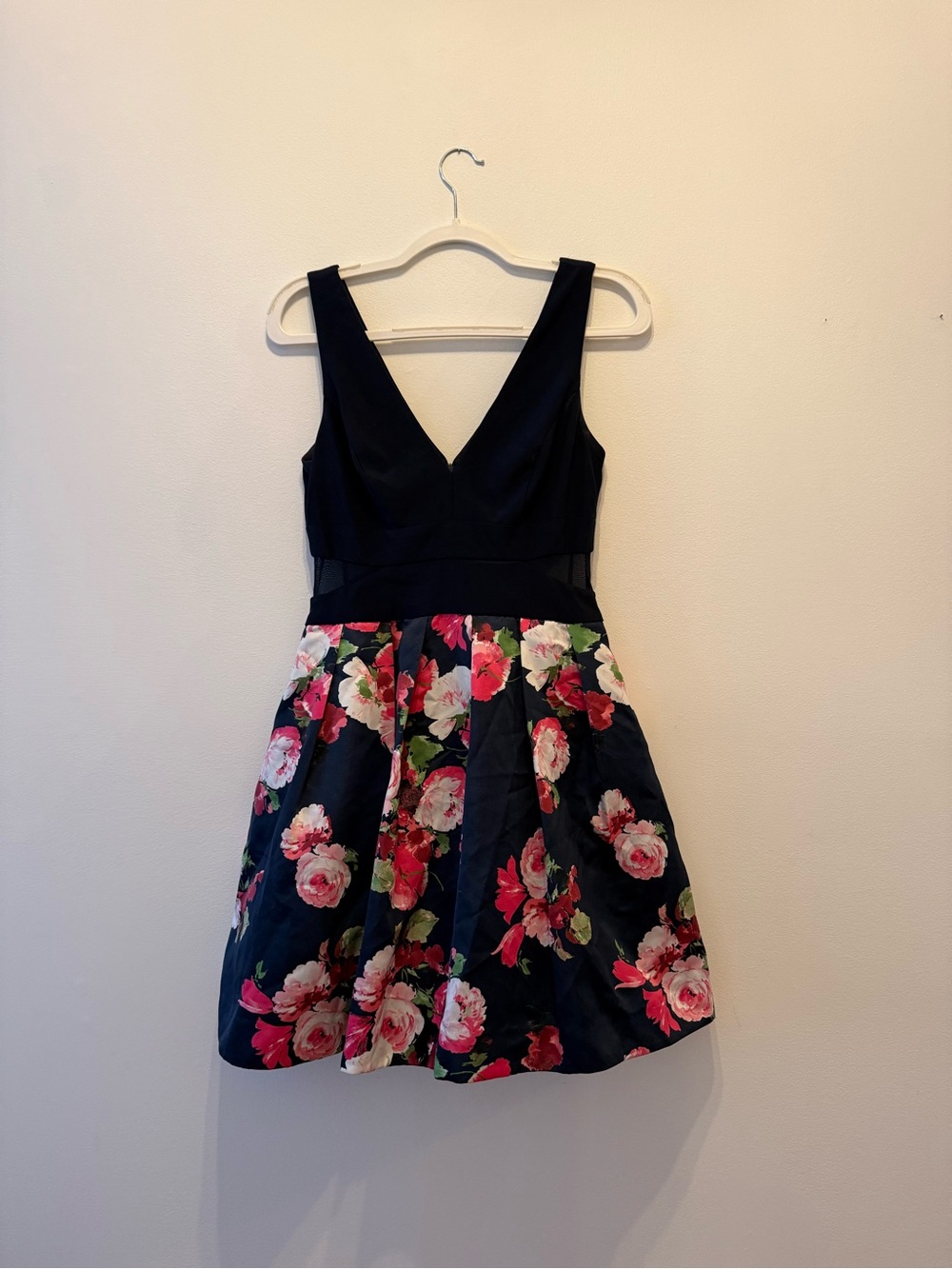 Floral Navy Women’s Fit & Flare Dress - Wedding Formal with Sheer cutout